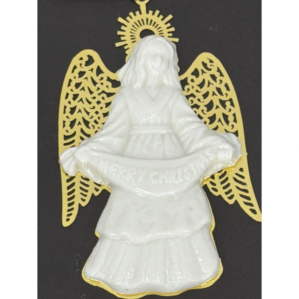 Vtg Porcelain Metal Angel Ornaments Set of 4 Noel Joy Peace Merry Christmas